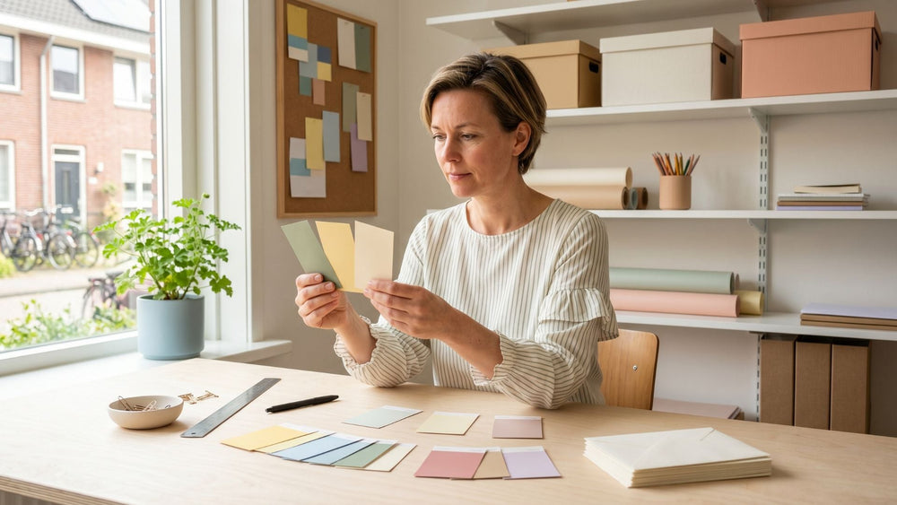 Een vrouw vergelijkt kleurstalen op een lichte creatieve werkplek om een passende kleur voor een wenskaart te kiezen.