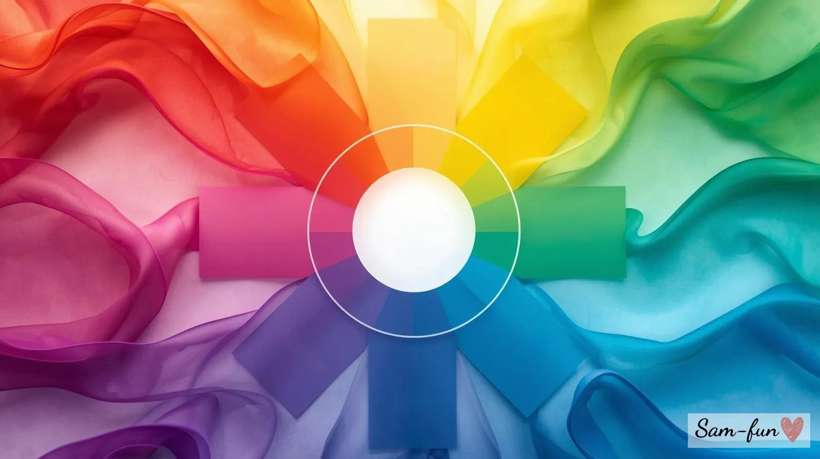 Kleurpsychologie in affirmaties: kleurenwiel met emoties en affirmatiekaarten in verschillende kleuren die emotionele impact tonen