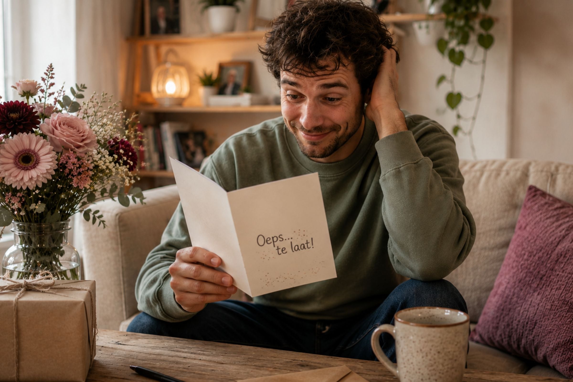 Een man leest glimlachend een late verjaardagskaart op de bank, met een ingepakt cadeautje en een envelop op tafel.