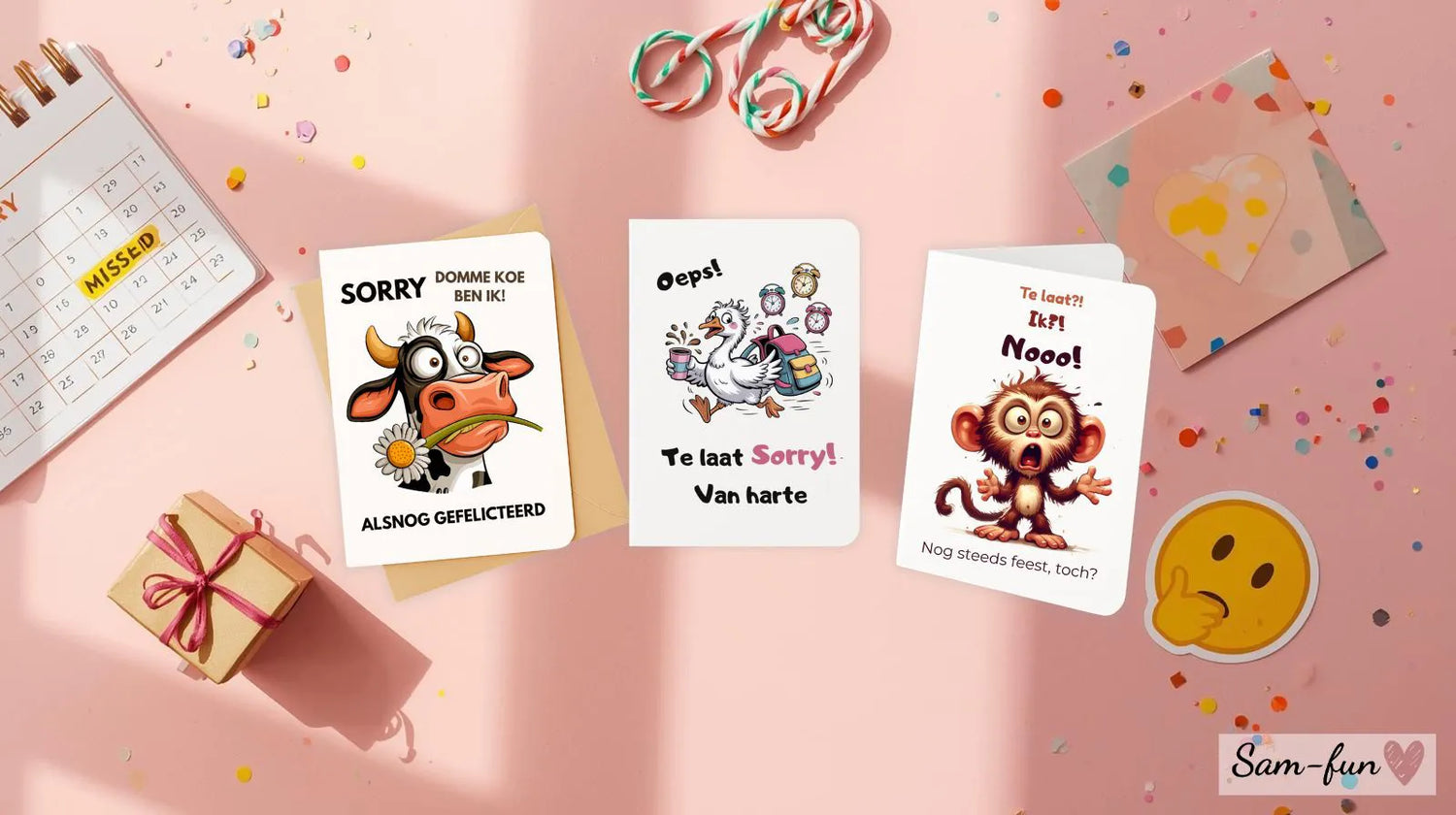 Verjaardagskaart met 'Sorry I'm Late' tekst, kalender en klein cadeautje op roze achtergrond