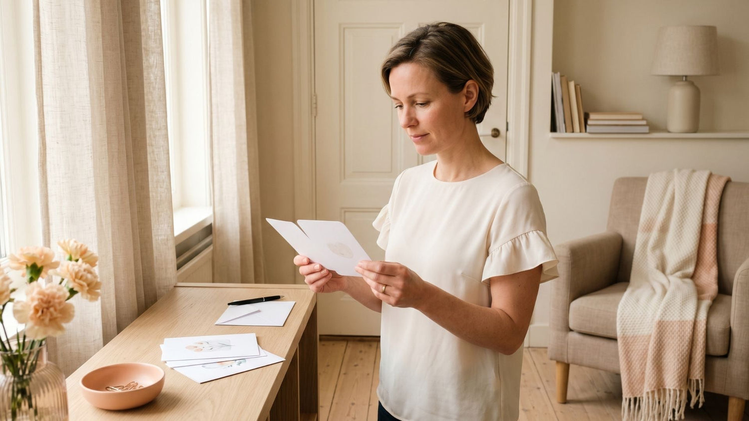 Vrouw bekijkt in een warme, lichte woonruimte een paar minimalistische witte wenskaarten met afgeronde hoekjes op een sfeervolle kast.