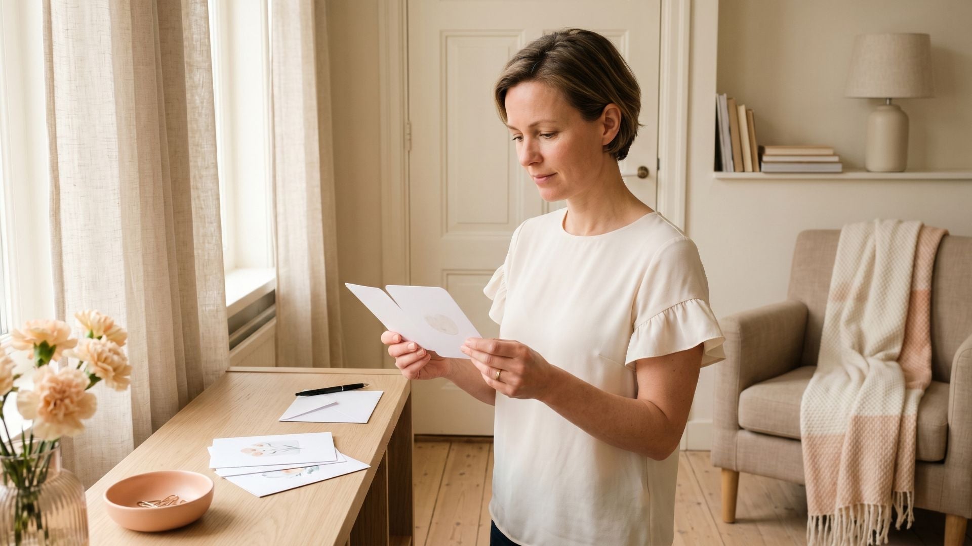 Vrouw bekijkt in een warme, lichte woonruimte een paar minimalistische witte wenskaarten met afgeronde hoekjes op een sfeervolle kast.