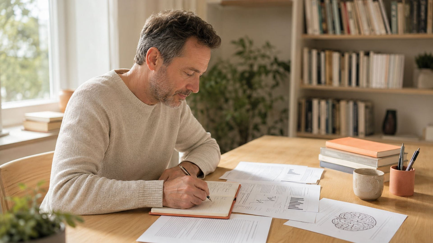 Een volwassen man bekijkt in een lichte bibliotheekruimte onderzoeksbladen en blanco affirmatiekaarten op een tafel, met een zachte breinillustratie en grafieken zonder leesbare tekst.