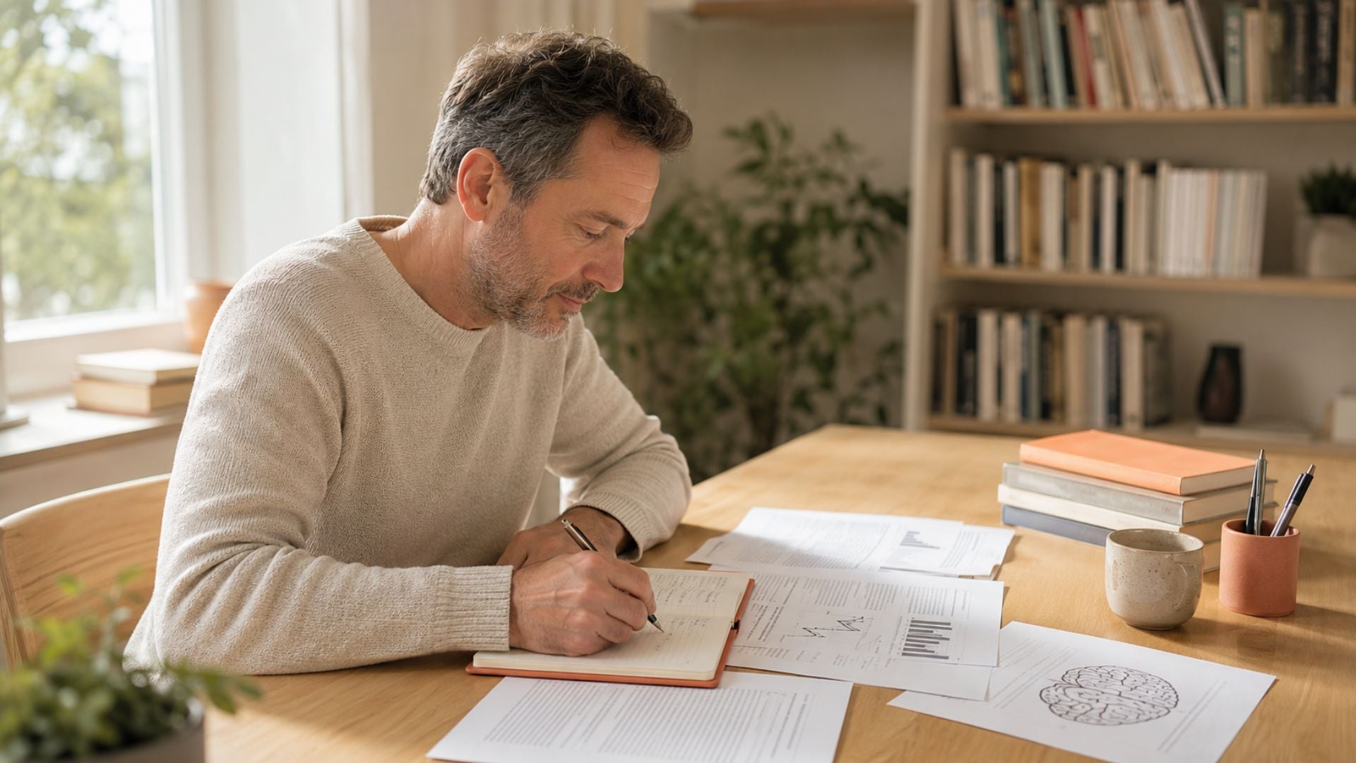 Een volwassen man bekijkt in een lichte bibliotheekruimte onderzoeksbladen en blanco affirmatiekaarten op een tafel, met een zachte breinillustratie en grafieken zonder leesbare tekst.