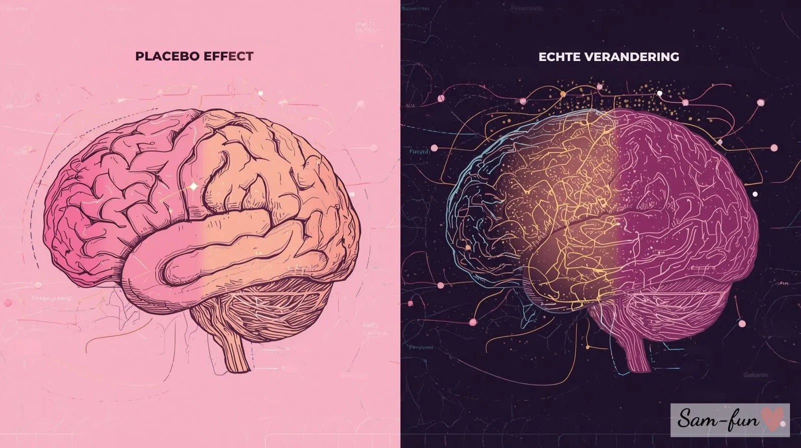 Placebo effect vs echte werking affirmaties - illustratie van hersenen, neurologische verandering en wetenschappelijk bewijs