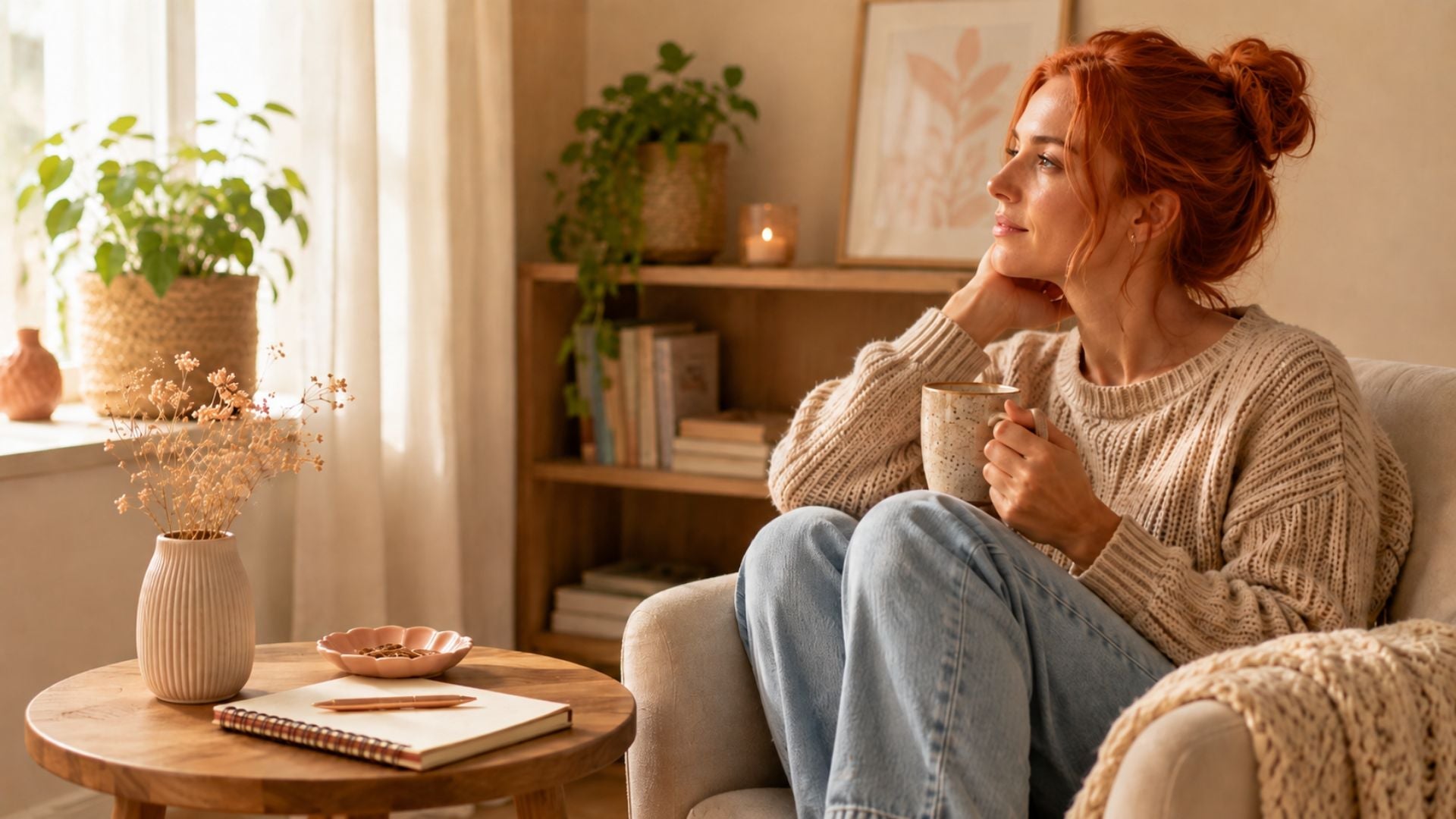 Roodharige vrouw zit rustig in een lichte woonkamer met een mok in haar handen en kijkt nadenkend naar buiten.