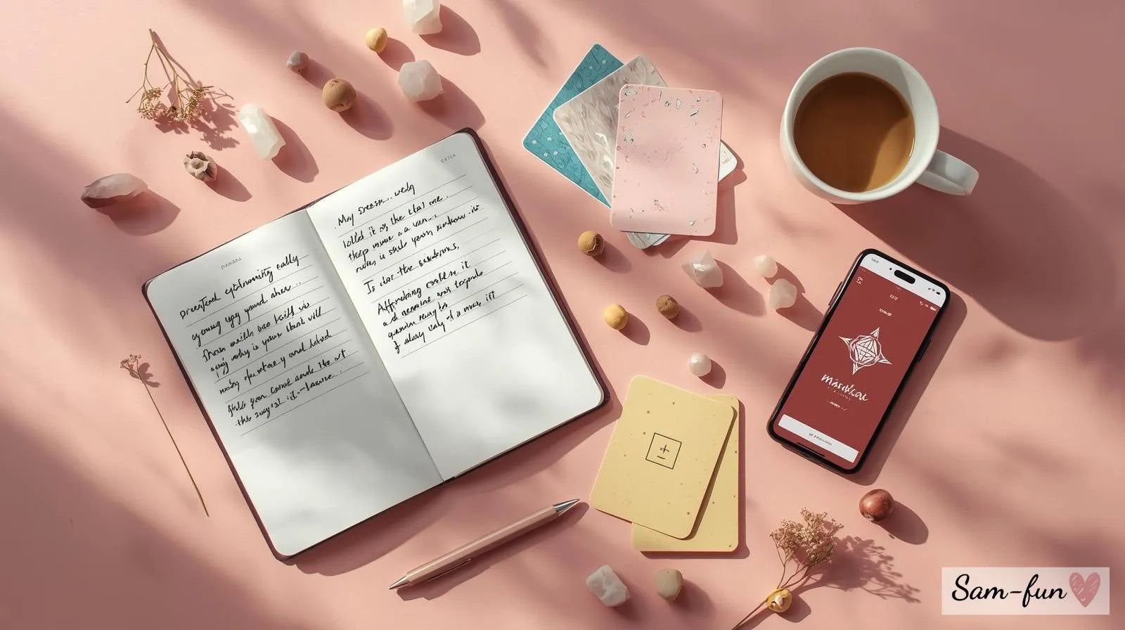 Dagboek met handgeschreven affirmaties, pen kaarten en koffie voor praktische affirmaties schrijven