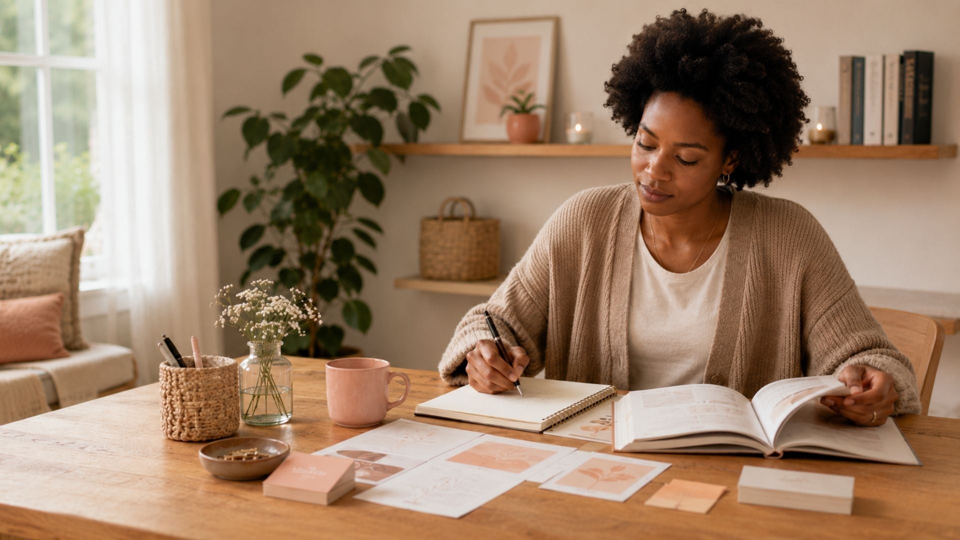 Vrouw zit aan een lichte werktafel en schrijft in een notitieboek terwijl er een open gids en losse papieren voor praktische affirmatieoefeningen naast haar liggen.