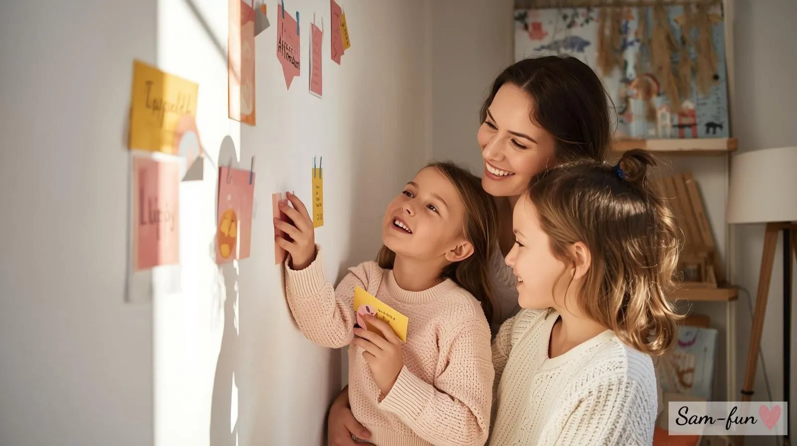 Moeder met twee kinderen die samen naar affirmatiekaarten kijken en wijzen tijdens een warm familiemoment.