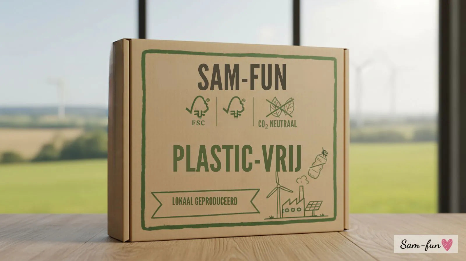 Sam-fun duurzame wenskaarten met FSC-certificering, CO2-neutraal, plastic-vrij, lokaal geproduceerd met hernieuwbare energie