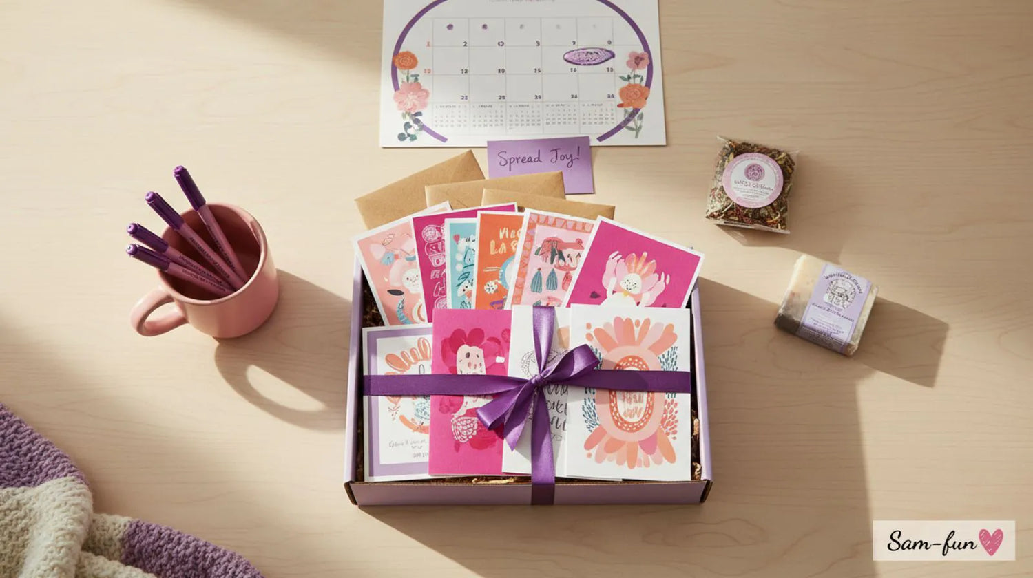 Wenskaarten abonnement met diverse kaarten, enveloppen en cadeautjes uitgestald op tafel