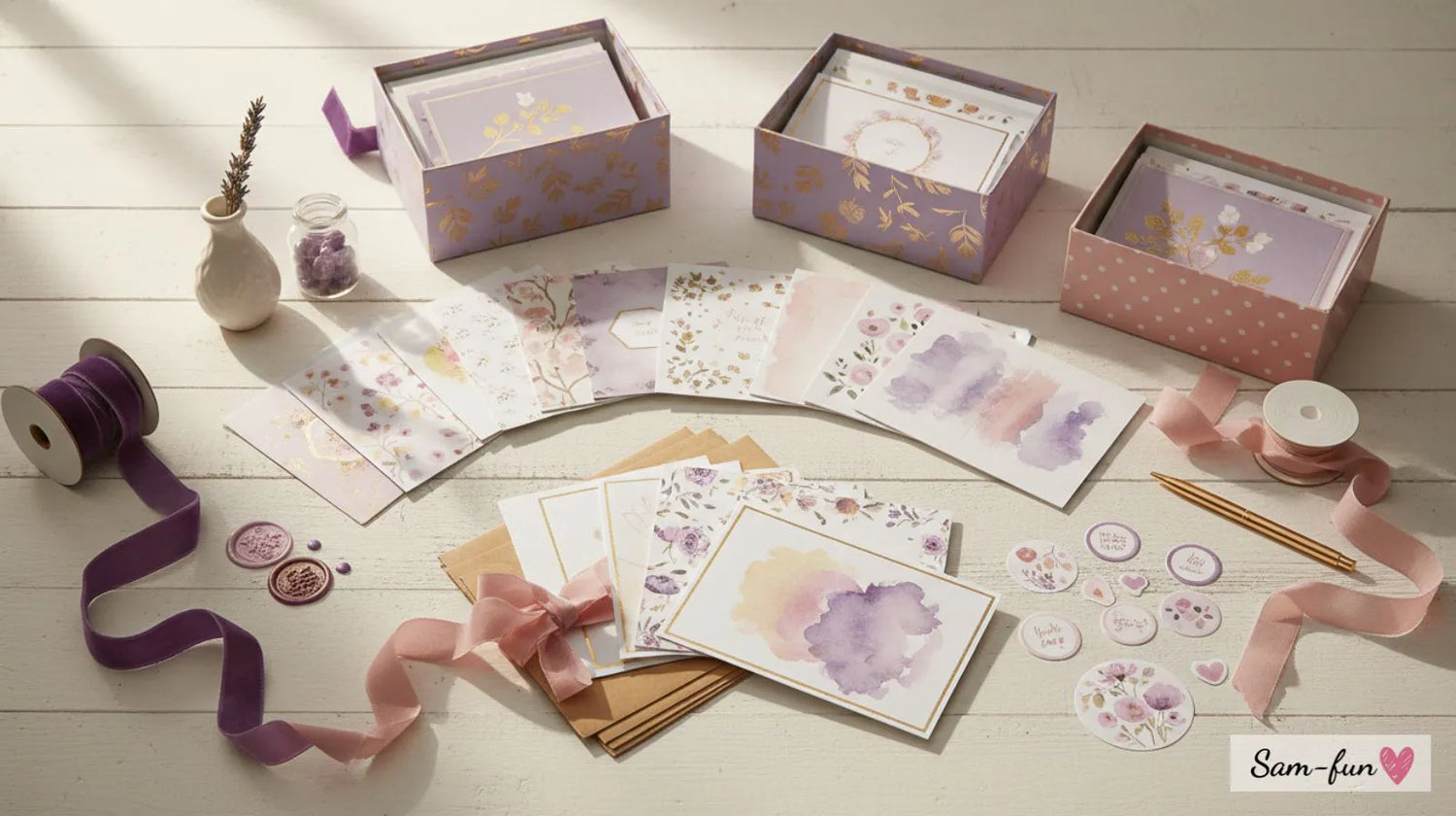 Wenskaarten cadeausets met diverse kaarten, enveloppen en cadeauverpakking uitgestald