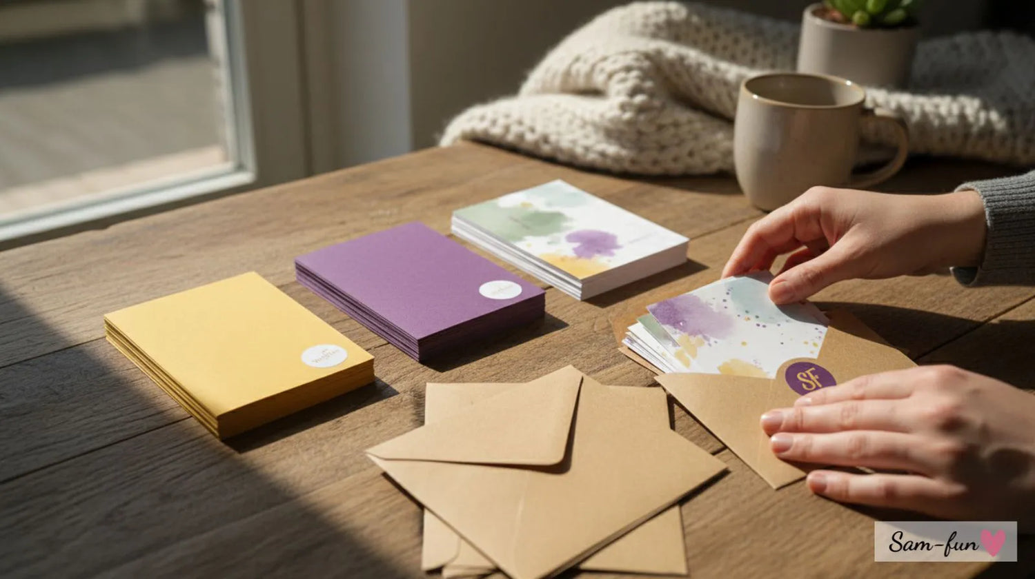 Sam-fun handgemaakte wenskaarten met afgeronde hoeken en kraftenveloppen, lokaal geproduceerd in Elst