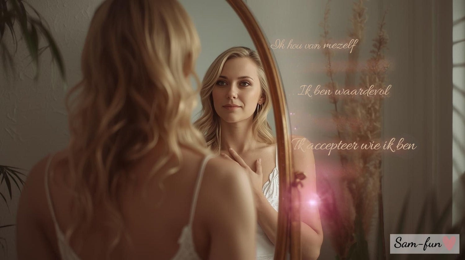 Persoon maakt oogcontact met eigen spiegelbeeld terwijl positieve affirmaties rondom de spiegel zweven, visualisatie van de krachtige spiegeltechniek voor zelftransformatie