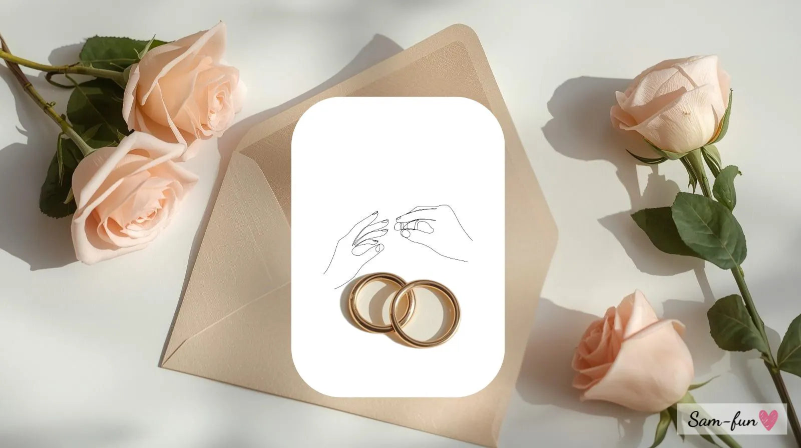 Trouwkaart met gouden ringen en roze rozen en handgeschreven felicitatie op lichte achtergrond
