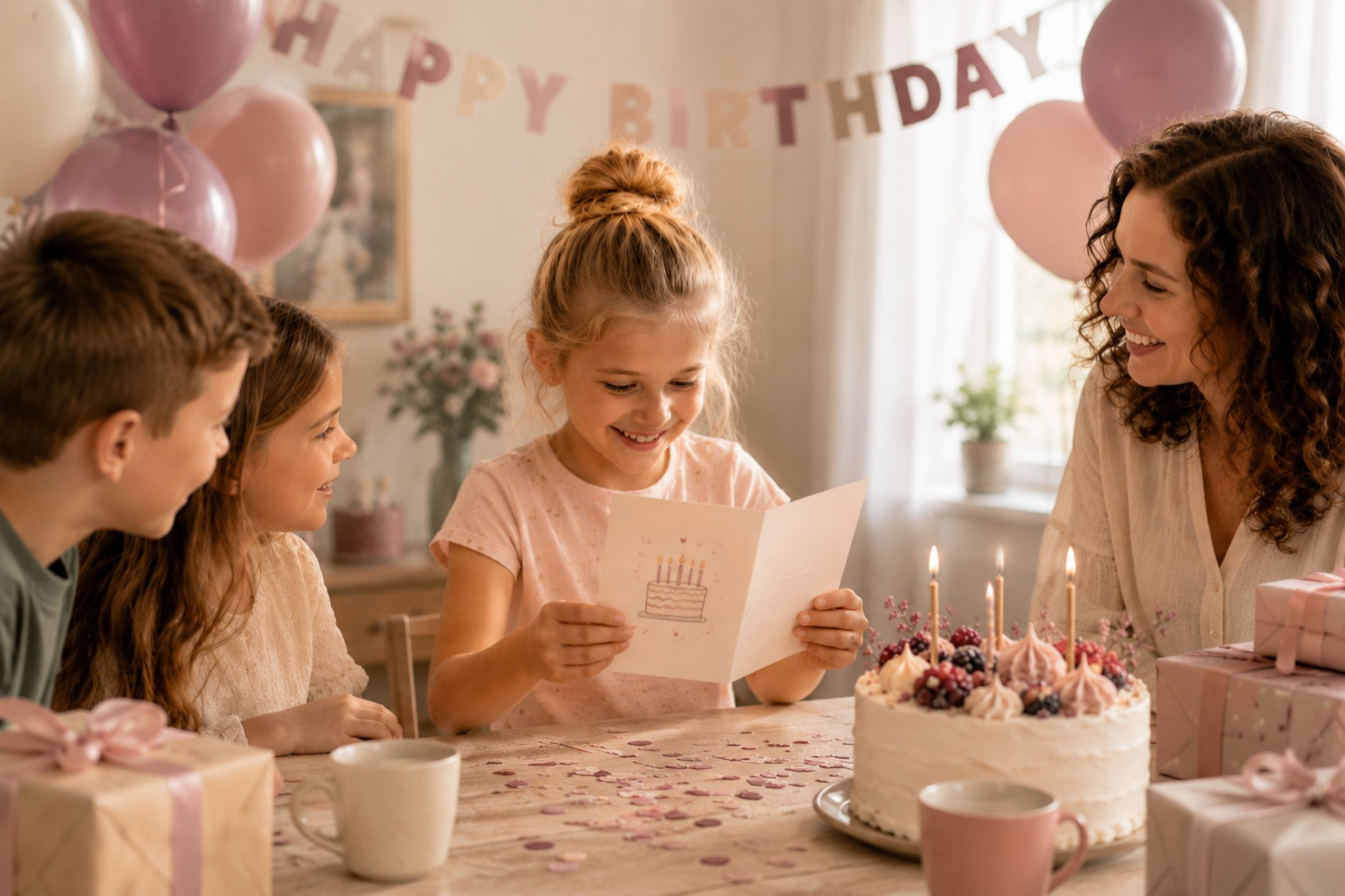 Een jarig kind zit aan tafel en leest blij een verjaardagskaart, terwijl familie om haar heen zit en de kamer versierd is met ballonnen, slingers, cadeaus en een taart met kaarsjes.