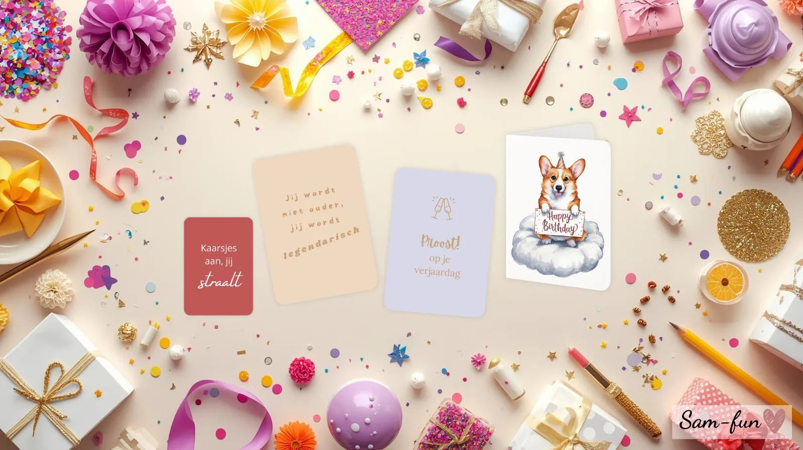 Collectie kleurrijke verjaardagskaarten met pen en confetti op pastel achtergrond