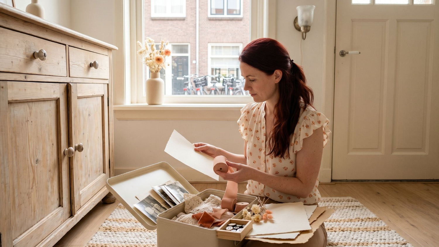 Vrouw zit in een lichte kamer naast een oude ladekast en bekijkt structuurpapier en lint bij een open herinneringendoos met vintage materialen.