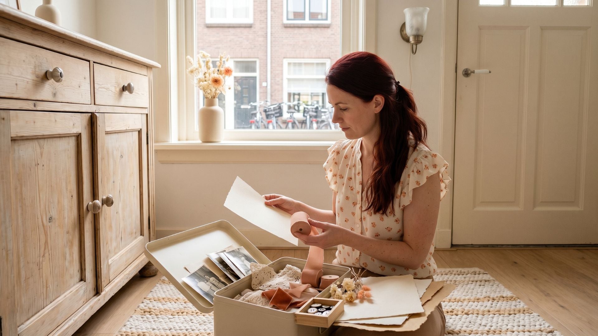 Vrouw zit in een lichte kamer naast een oude ladekast en bekijkt structuurpapier en lint bij een open herinneringendoos met vintage materialen.