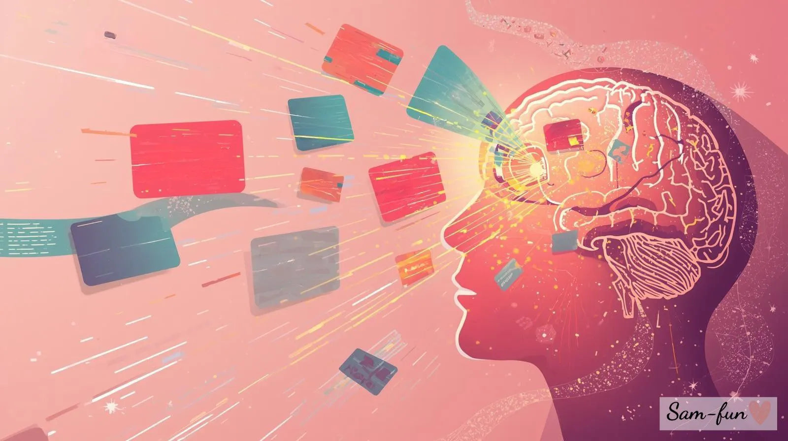 Illustratie van hersenen die visuele affirmatie kaarten verwerken sneller dan tekst