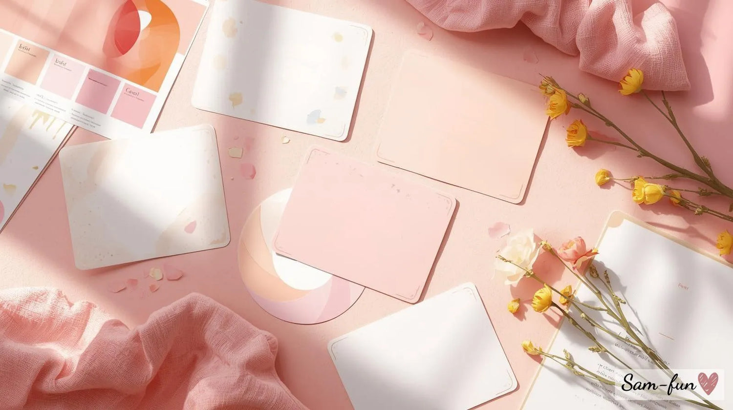 Visuele affirmaties en design overzicht met affirmatiekaarten, kleurpsychologie en typografie voorbeelden op roze achtergrond