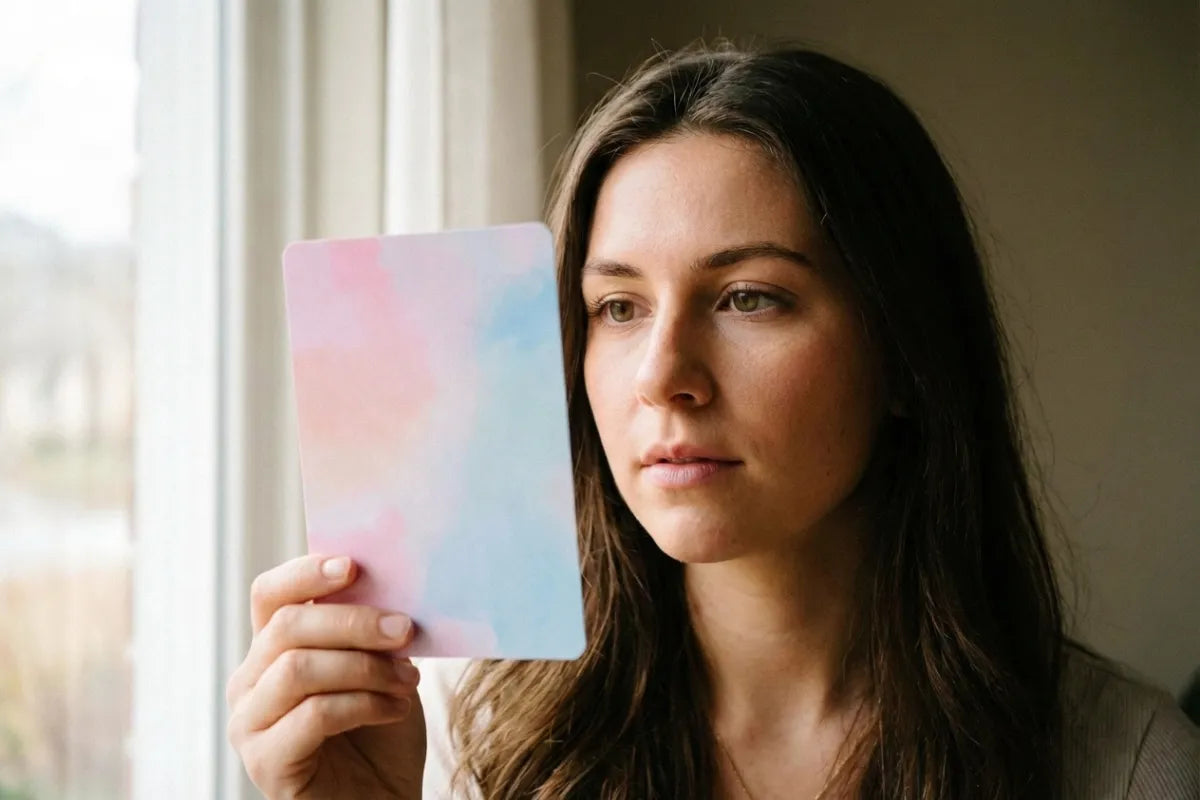 Vrouw bekijkt visuele affirmatiekaart close-up - kracht van zien