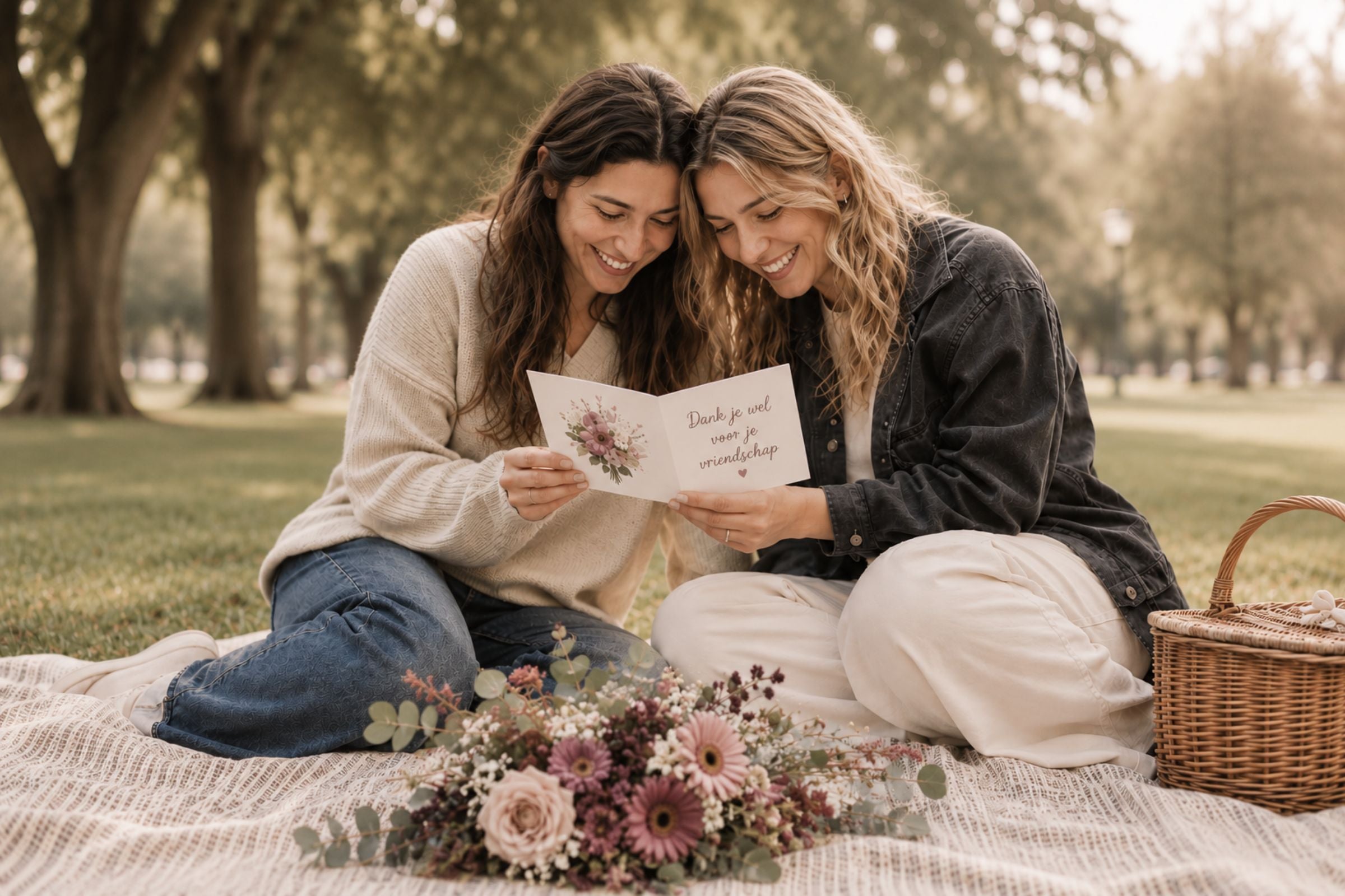 Twee vrienden zitten samen op een kleed in het park en lezen lachend een vriendschapskaart, met een kleine picknickmand en bloemen naast hen.