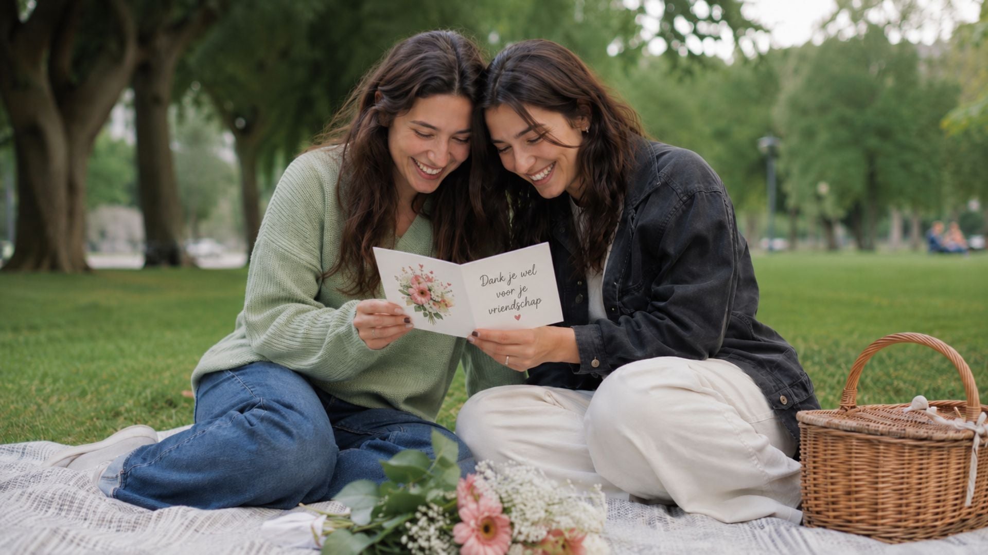 Twee vrienden zitten samen op een kleed in het park en lezen lachend een vriendschapskaart, met een kleine picknickmand en bloemen naast hen.