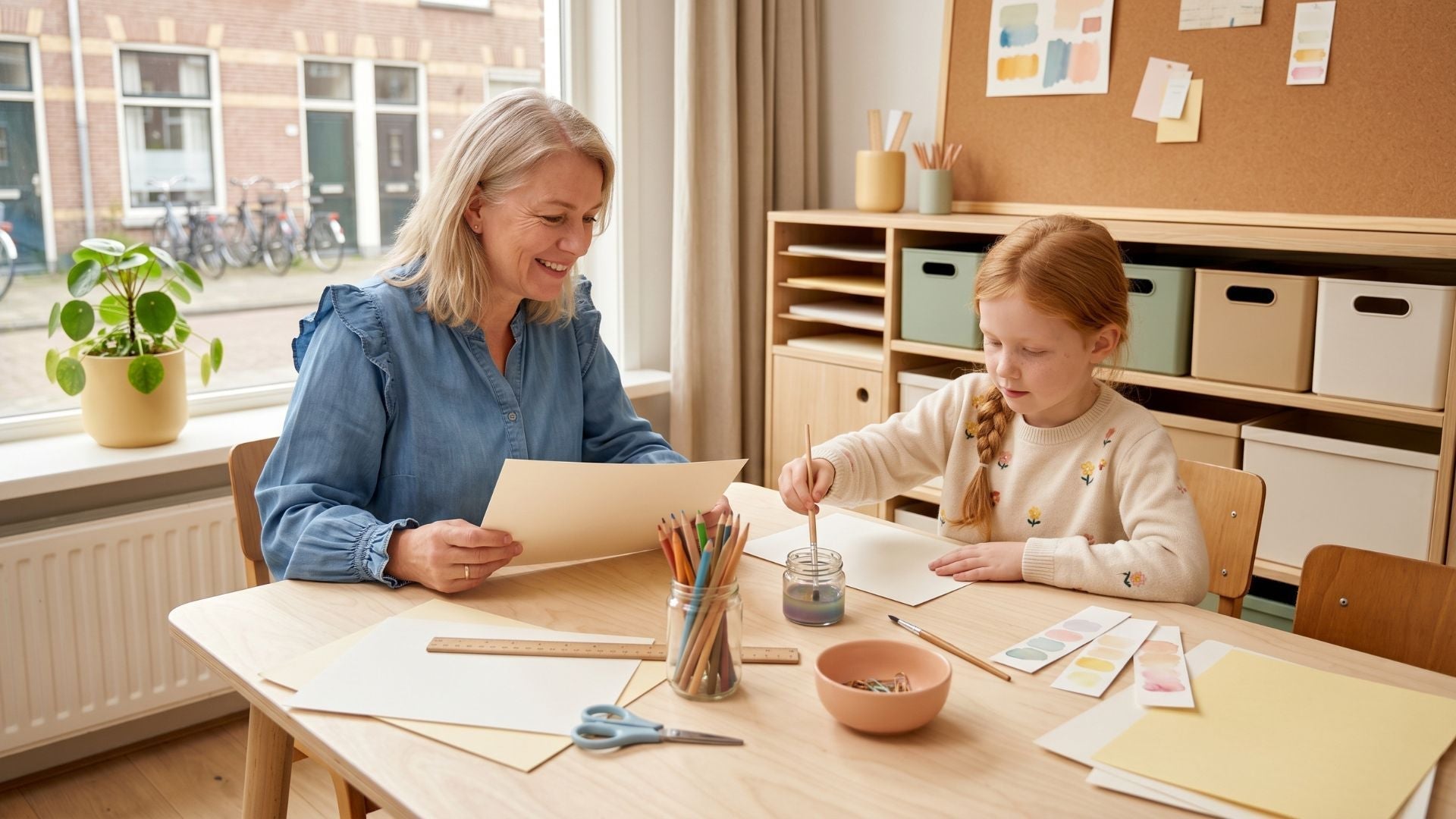 Een tante en kind kiezen samen papier en kleurmaterialen aan een lichte knutselplek om iets persoonlijks te maken.