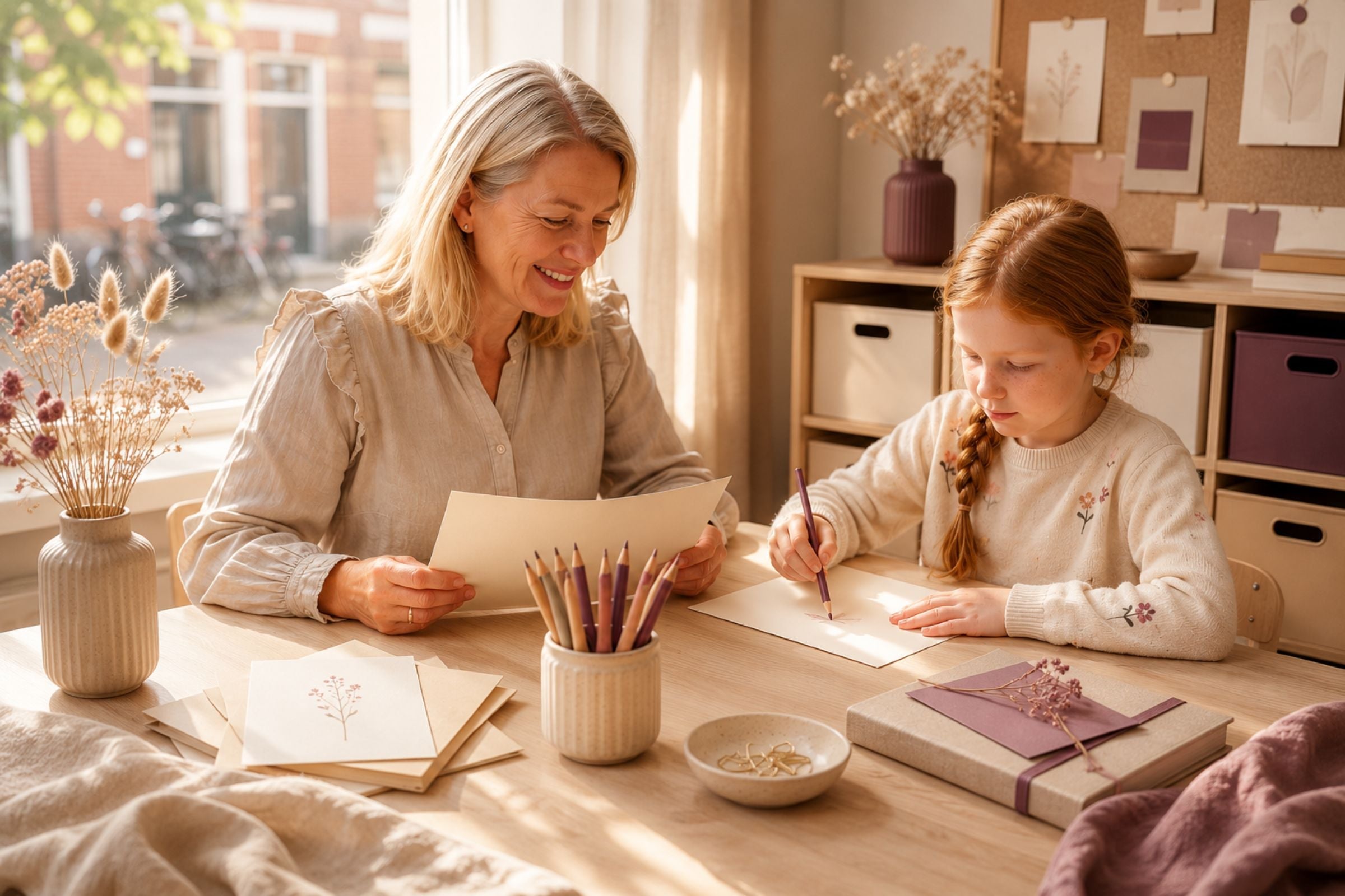 Een tante en kind kiezen samen papier en kleurmaterialen aan een lichte knutselplek om iets persoonlijks te maken.