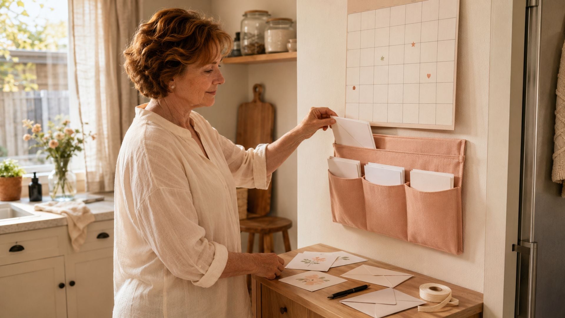 Een vrouw legt in een huiselijke keuken enveloppen en wenskaarten klaar bij een maandplanner aan de muur.