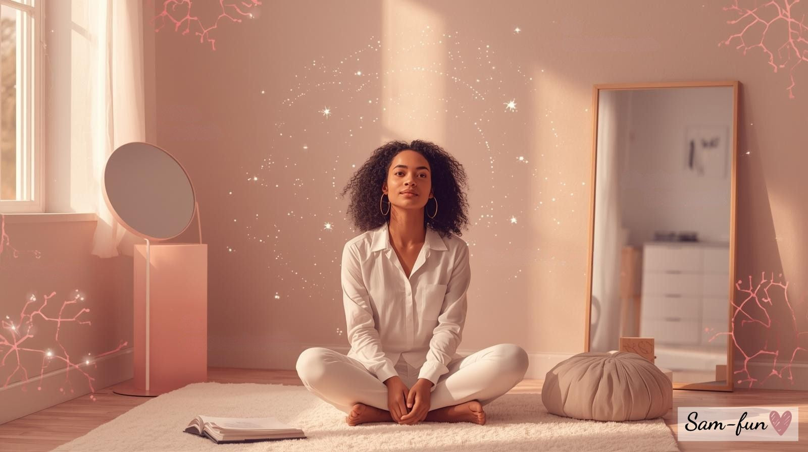 Persoon omringd door positieve affirmaties die het concept van affirmaties en zelftransformatie visualiseren