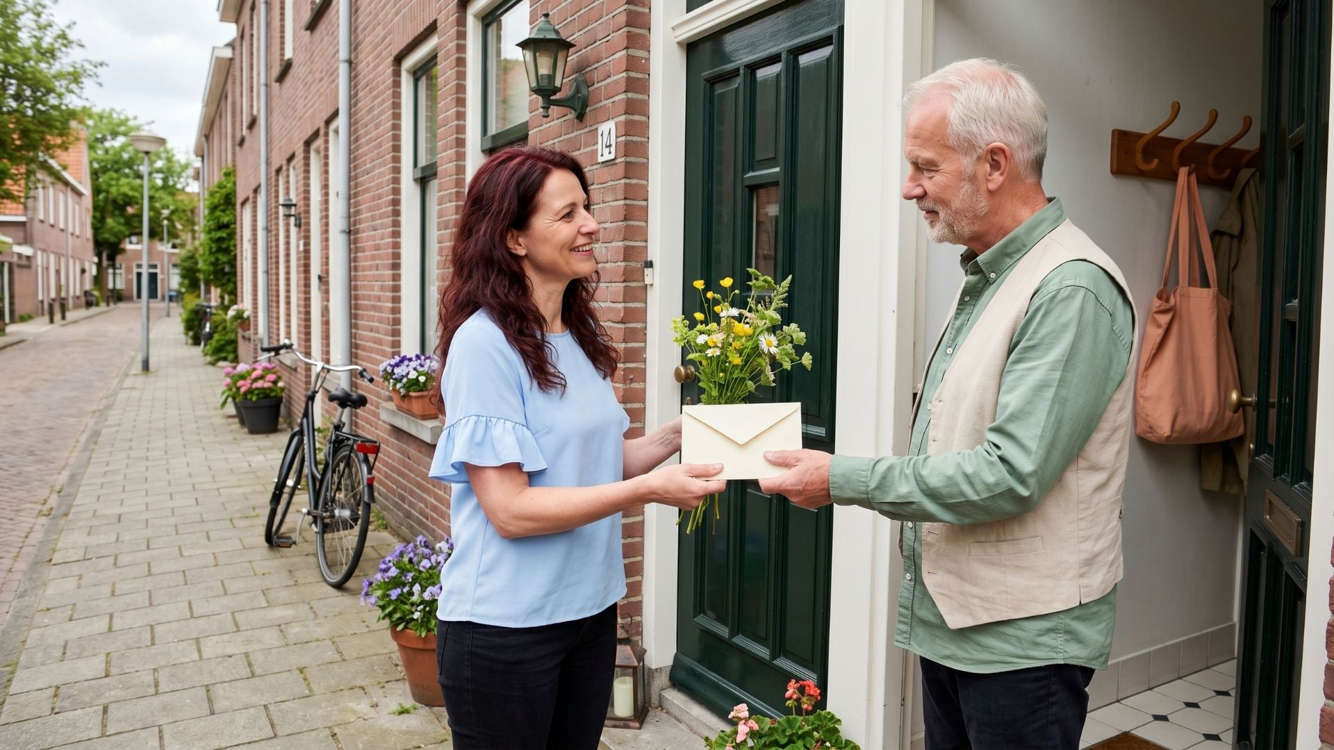 Een vrouw geeft bij een Nederlandse voordeur een gesloten envelop en een klein bosje bloemen aan haar buurman.