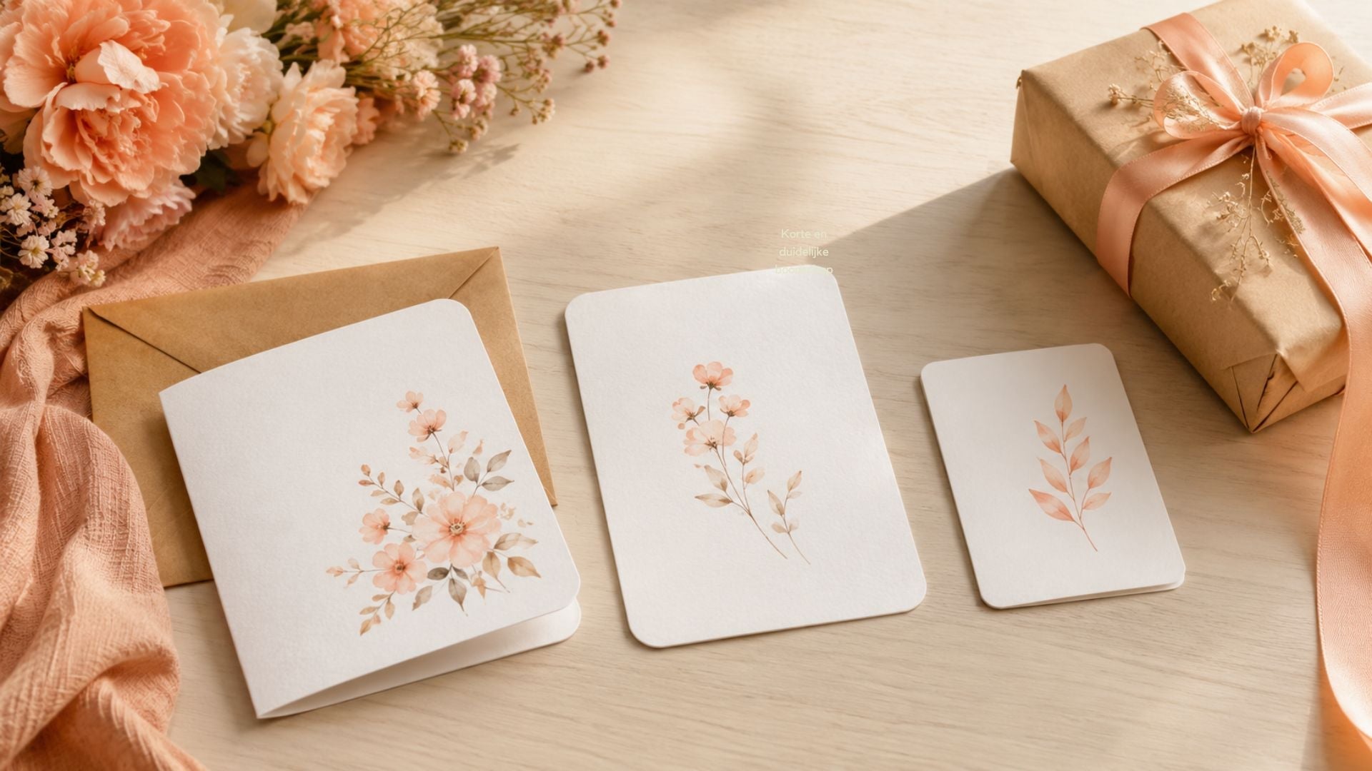 Drie wenskaarten in verschillende formaten liggen op een lichte houten tafel naast een envelop en een ingepakt cadeau met peach lint.