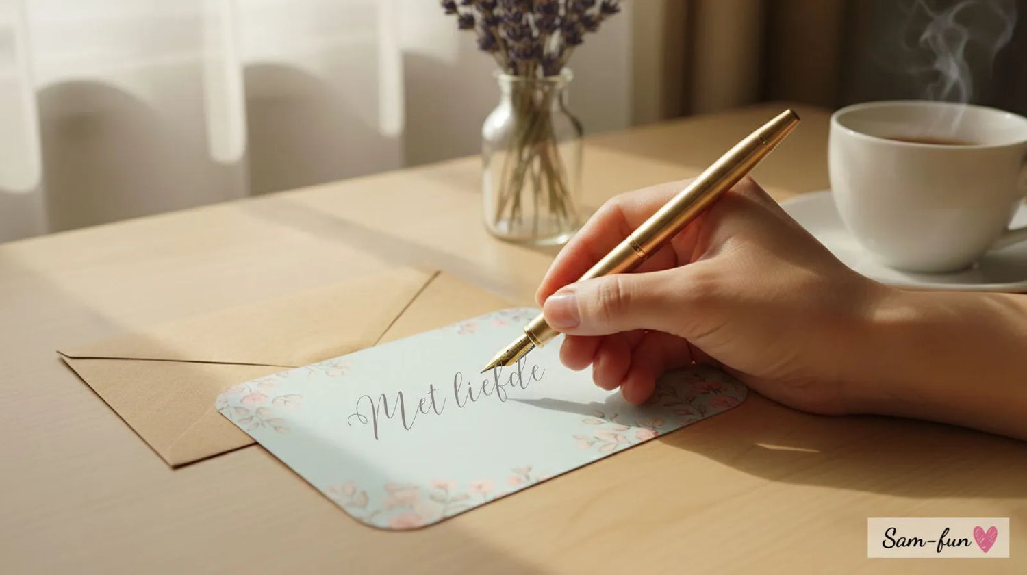 Hand schrijft persoonlijke boodschap in wenskaart met vulpen, kraftenvelop en thee op houten tafel, gids voor wenskaart schrijven