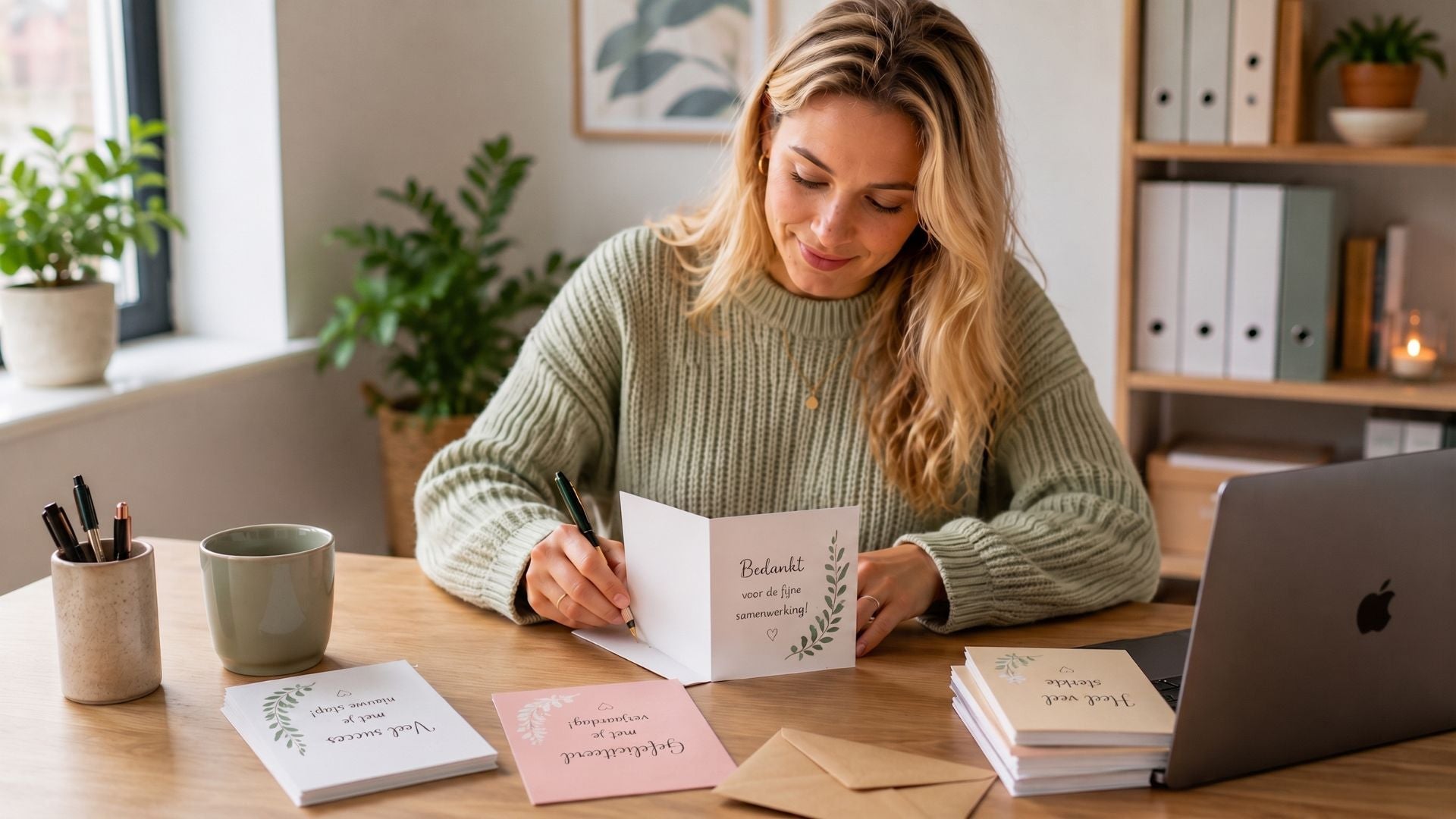 Een vrouw schrijft in een lichte werkruimte een passende kaart voor een collega, met wenskaarten en enveloppen op tafel.