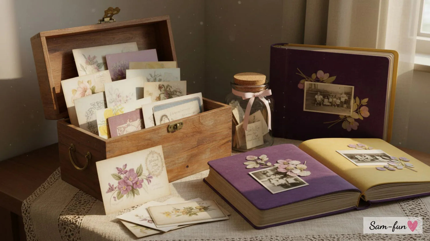 Vintage doos met wenskaarten, plakboek en memory jar, warme en nostalgische sfeer voor het bewaren van herinneringen