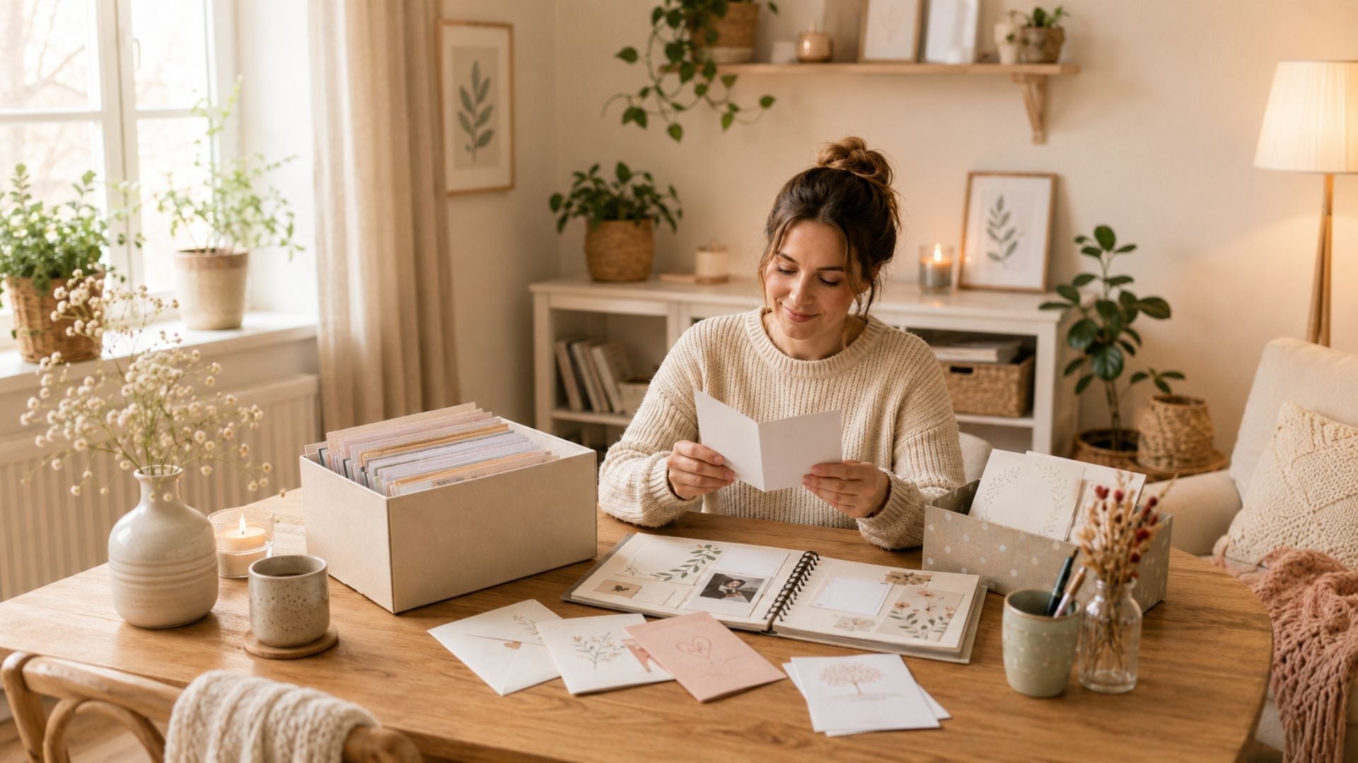 Een vrouw bekijkt thuis bewaarde wenskaarten in een herinneringenboek met kaartendozen naast zich.