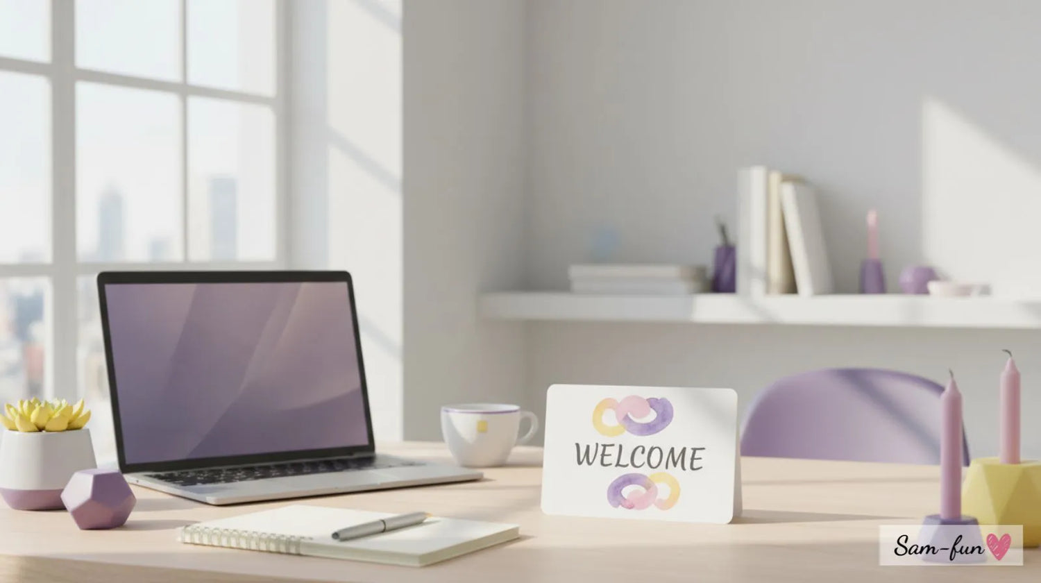 Wenskaart voor collega op bureau met kantoorspullen, professionele werkplek setting