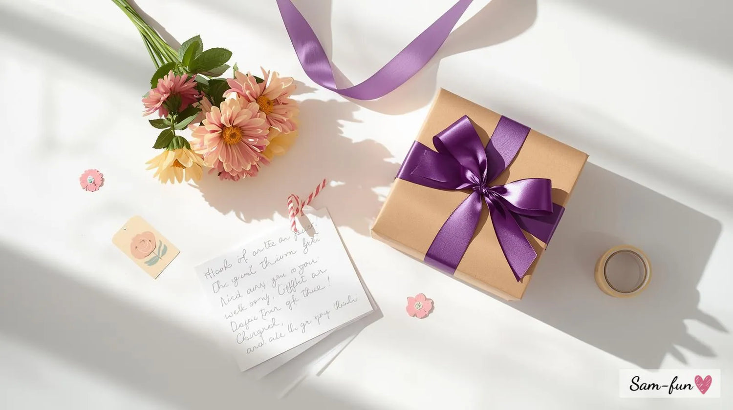 Wenskaart gecombineerd met ingepakt cadeau, bloemen en decoratieve elementen, voorbeelden van cadeau presentatie