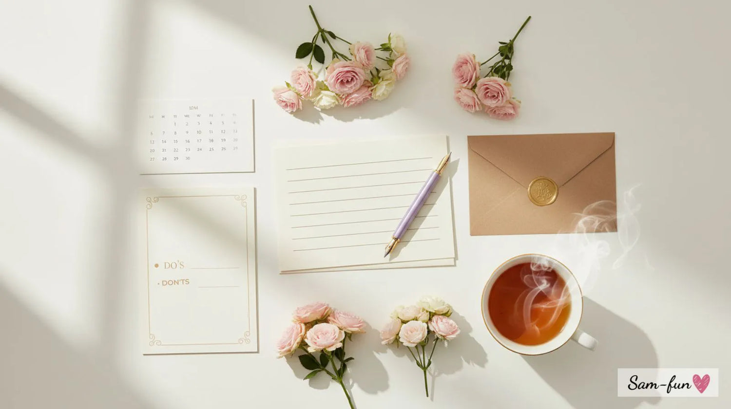 Wenskaarten etiquette do's en don'ts - handgeschreven kaart met pen, checklist en timing kalender op elegant bureau