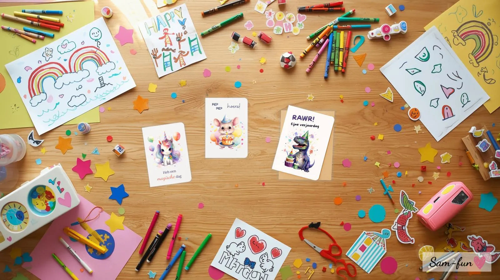 Kleurrijke kinderkaarten met tekeningen, stickers en confetti op houten tafel met stiften en creatieve elementen