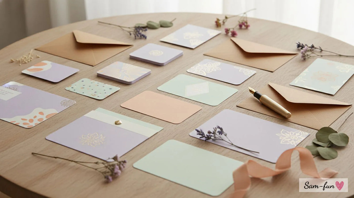 Handgemaakte wenskaarten met kraftenveloppen op houten tafel, verschillende formaten en kleuren, kwaliteit wenskaarten kopen gids