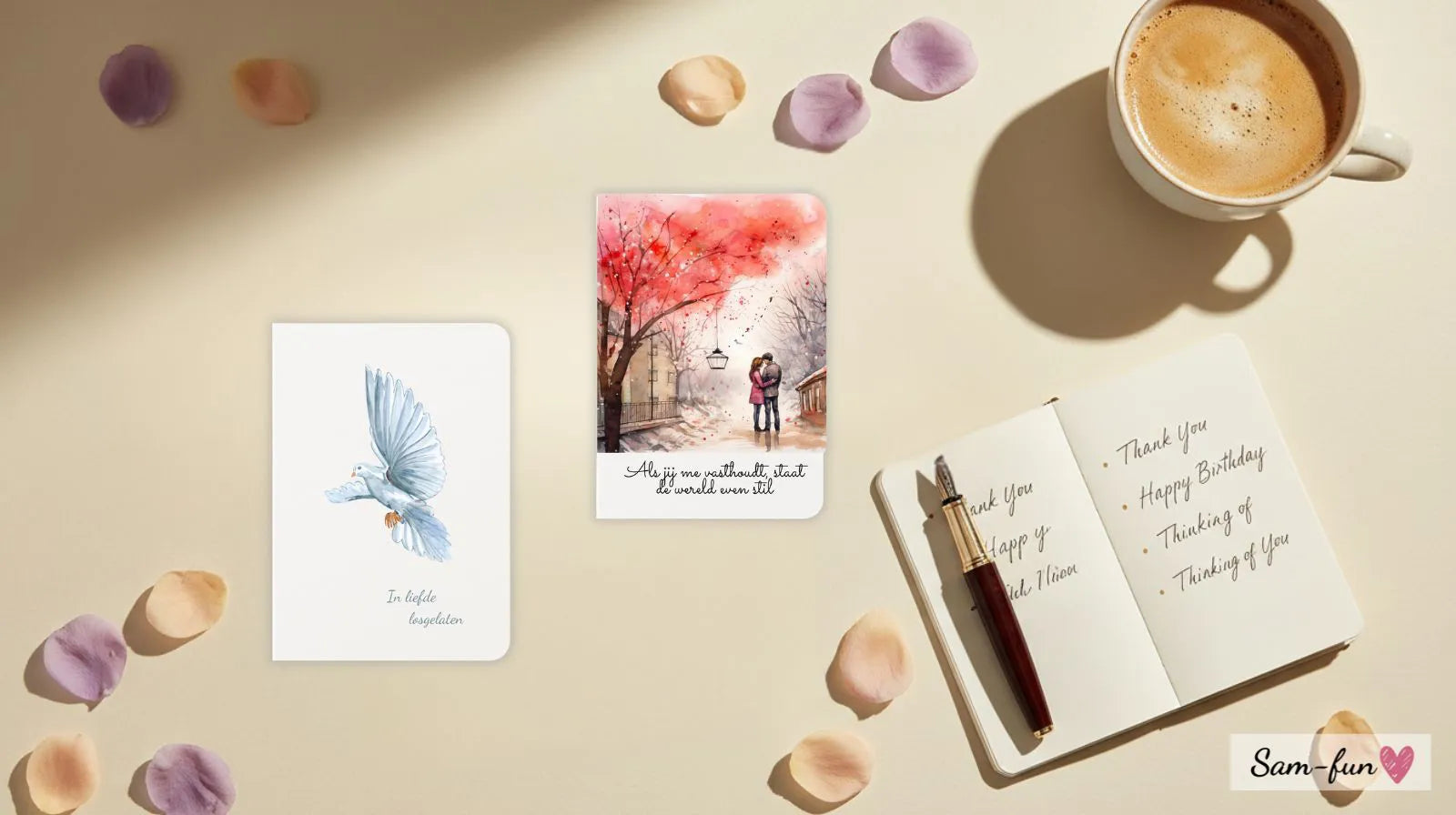 200 wenskaarten tekstvoorbeelden voor elke gelegenheid - handgeschreven kaarten met pen en bloemen op tafel
