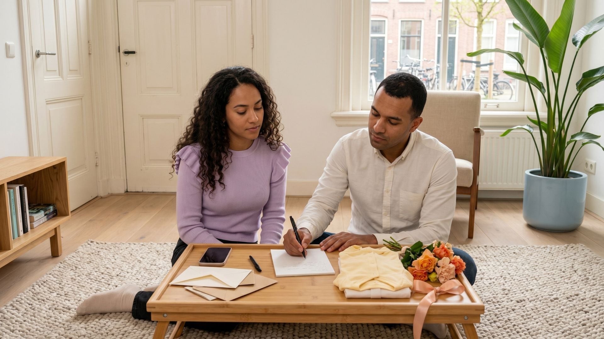 Een broer en zus zitten op de vloer in een lichte woonkamer en zoeken samen woorden voor verschillende gesloten enveloppen.