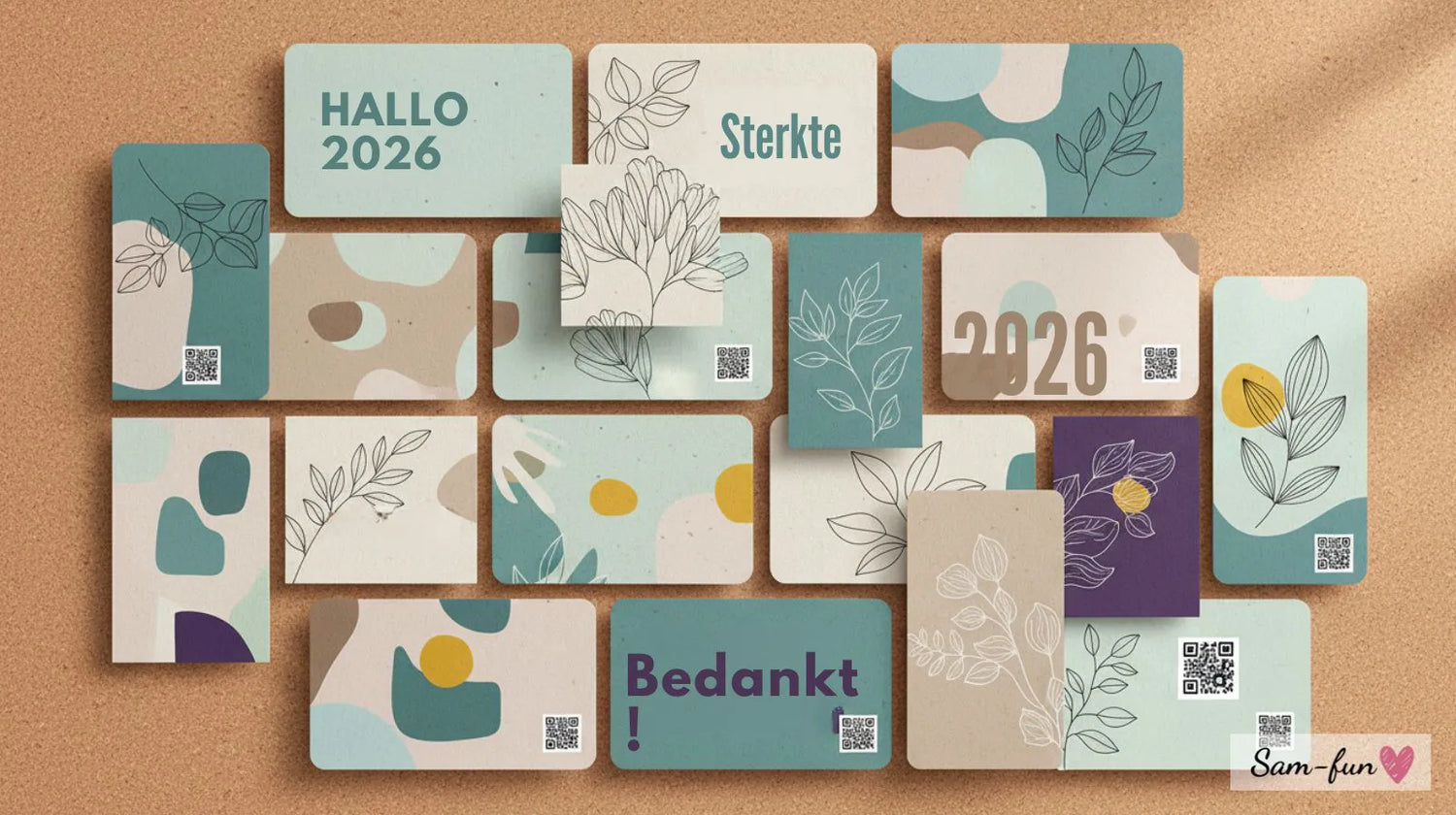 Collage van wenskaarten trends 2026 met Transformative Teal, minimalistische ontwerpen, duurzame materialen en moderne typografie