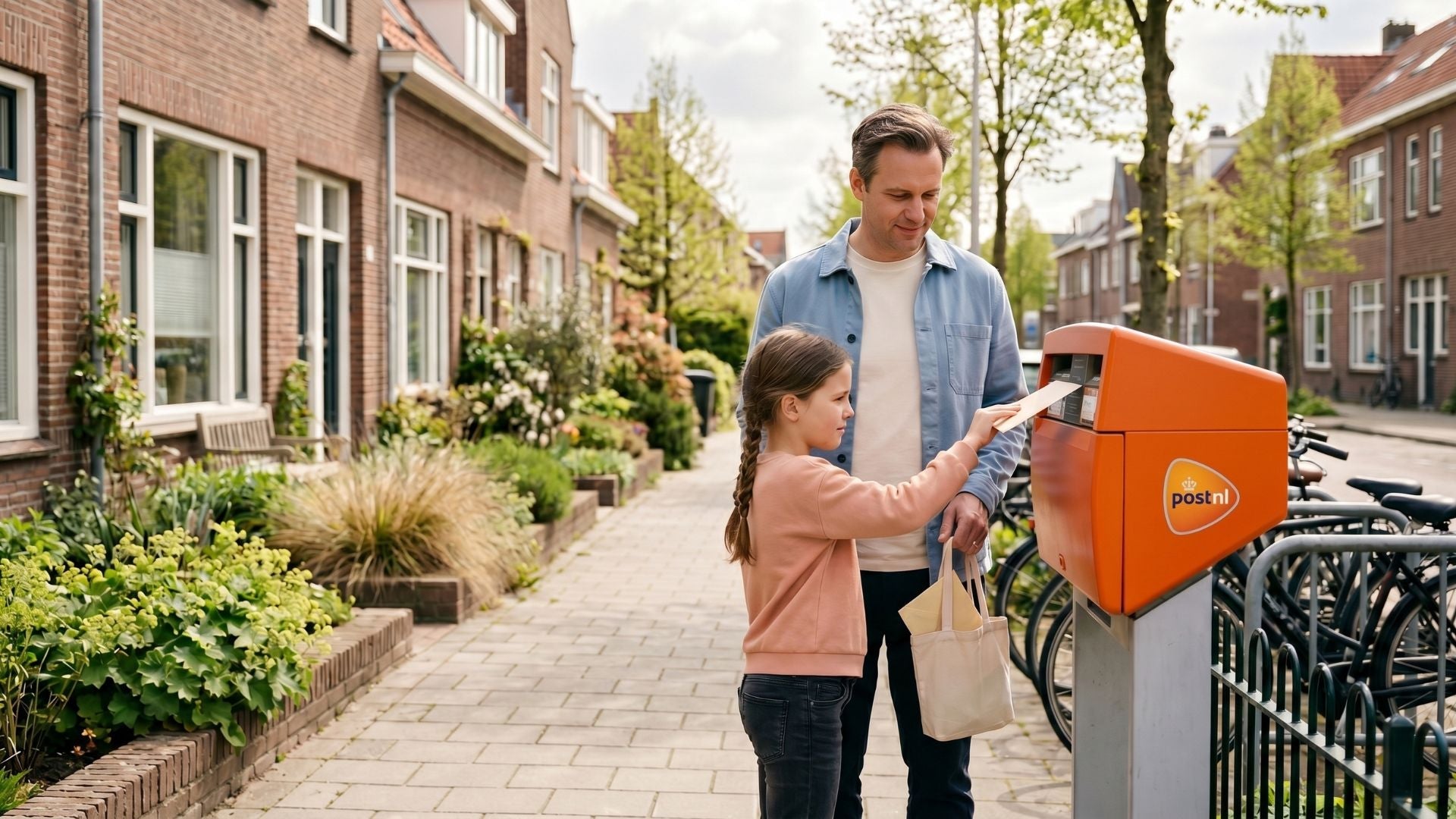 Een vader en kind posten samen een gesloten envelop bij een brievenbus in een lichte Nederlandse straat.