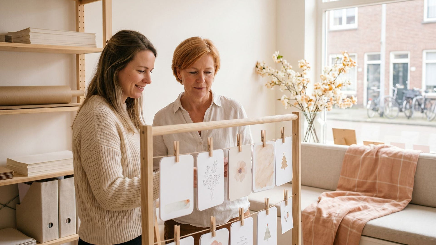 Twee vrouwen bekijken in een lichte atelierruimte verschillende wenskaarten aan een houten rek, met op de achtergrond zachte materialen en warme details.