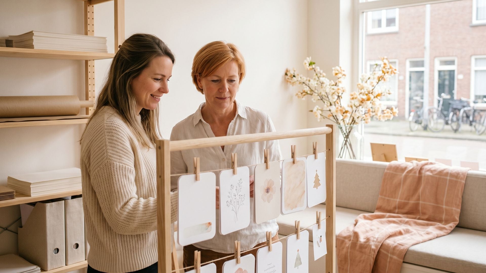Twee vrouwen bekijken in een lichte atelierruimte verschillende wenskaarten aan een houten rek, met op de achtergrond zachte materialen en warme details.