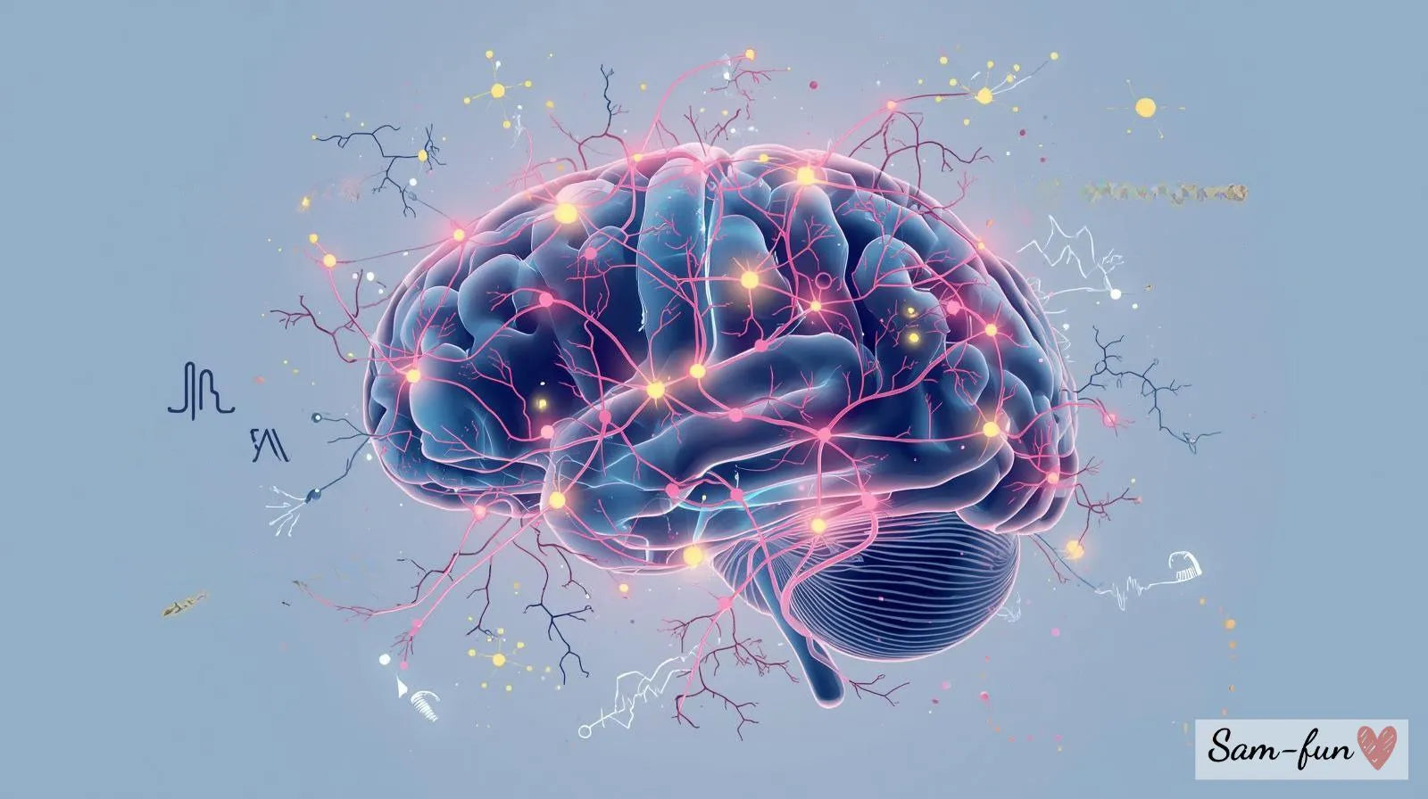 Wetenschappelijke basis van affirmaties - illustratie van hersenen met neurale verbindingen en positieve affirmaties